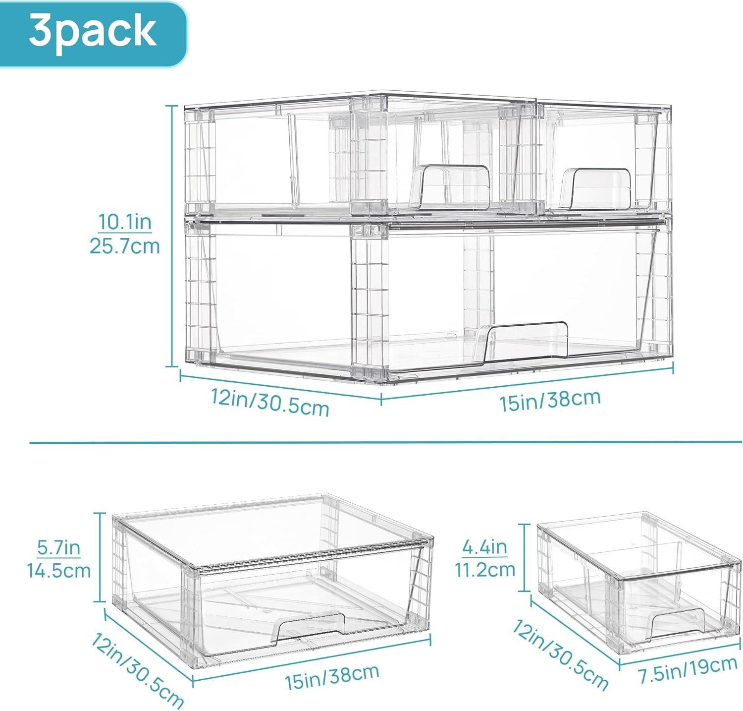 3 Pack Stackable Storage Drawers Easily Assemble Acrylic Bathroom Undersink
