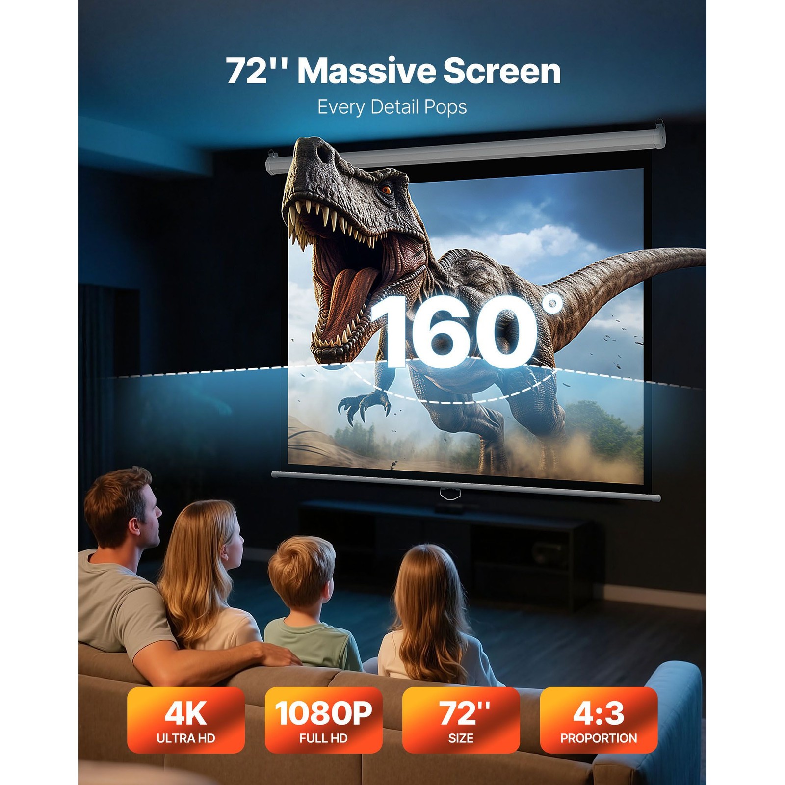 72in Retractable Projector Screen 4:3 HD Pull-Down Wall Mount