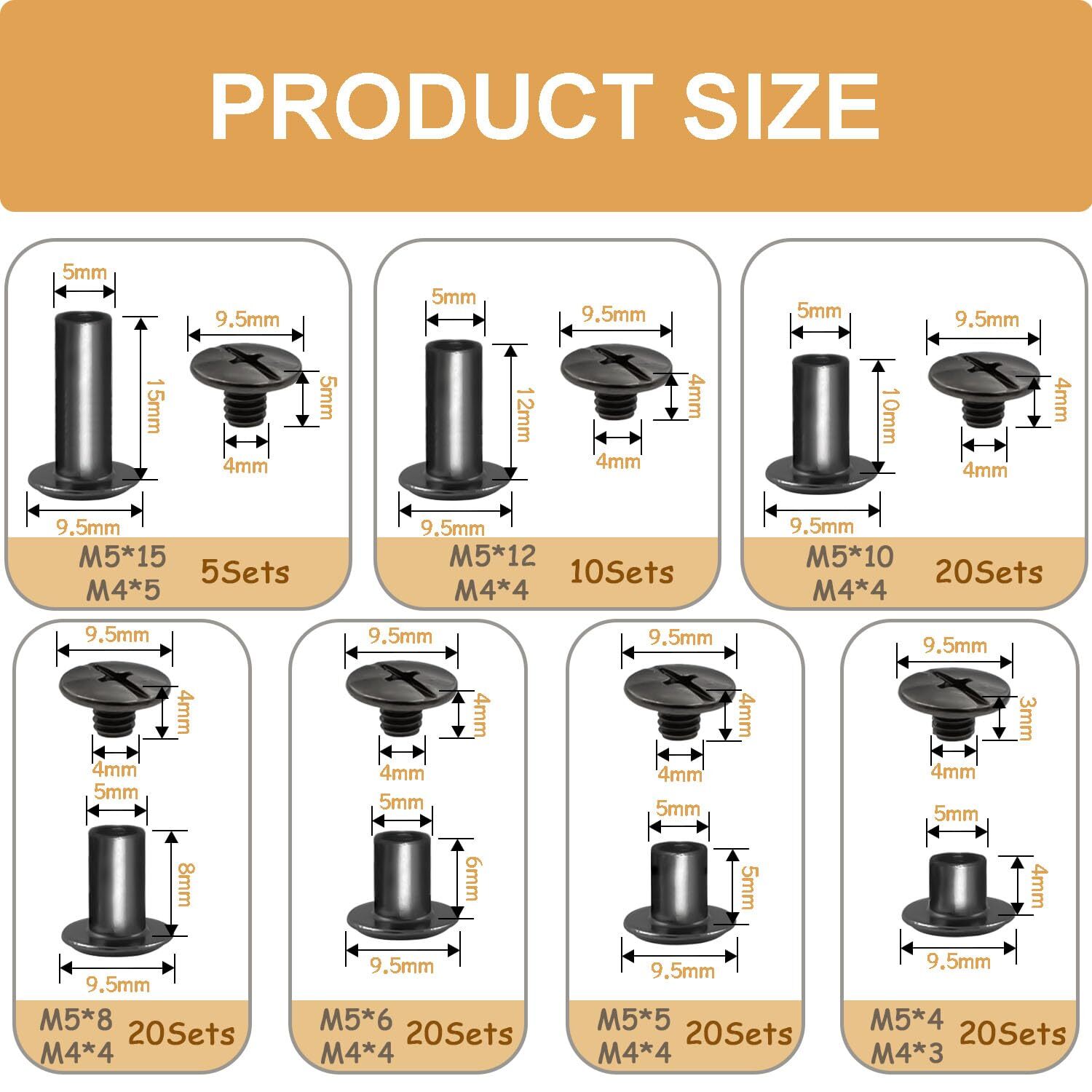115Sets Chicago Screws Leather Rivets Assorted Kit M5*4 5 6 8 10 12 15 Gun Bl...