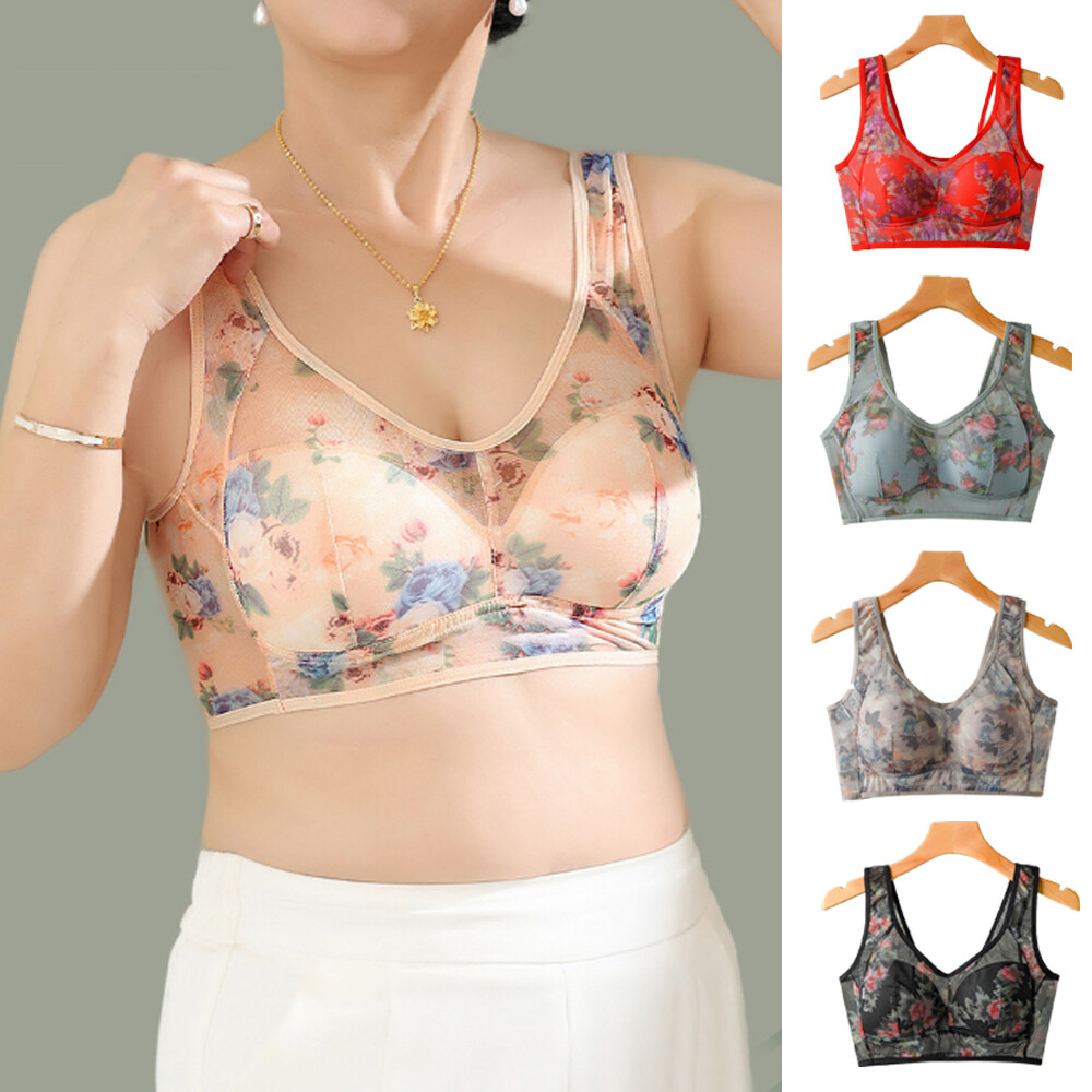 Womens Lace Underwear Ladies Push Up Floral Printed Mesh Thin Bra Casual Party;