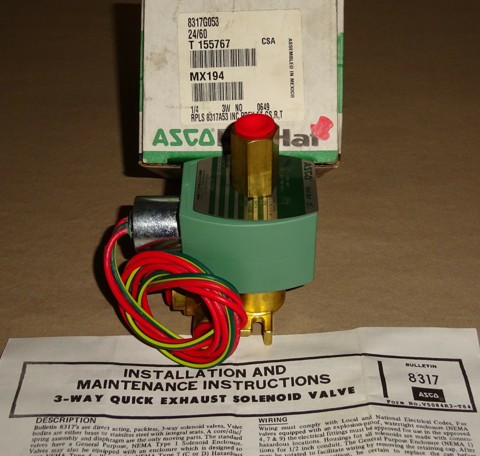 ASCO 8317G053 Solenoid Valve 24V 60Hz 1/4" NPT 3 Way 8317A53 Normally Open NEW