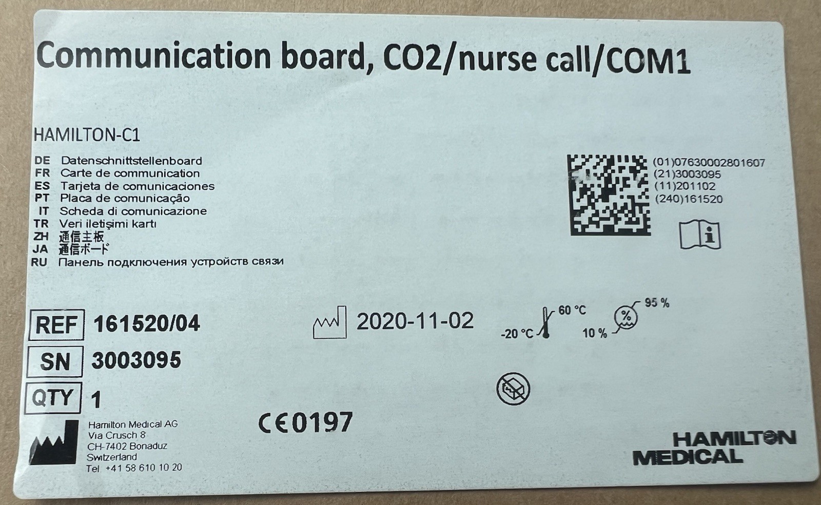 HAMILTON CO2, COM1, Nurse Call COMMUNICATION BOARD.