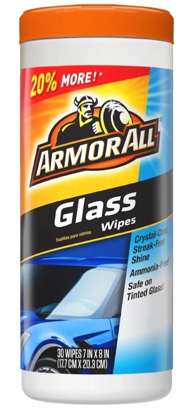 Armor All Streak Free Automobile Glass Cleaner Wipes, Tube of 30 Wipes, 7” X 8”