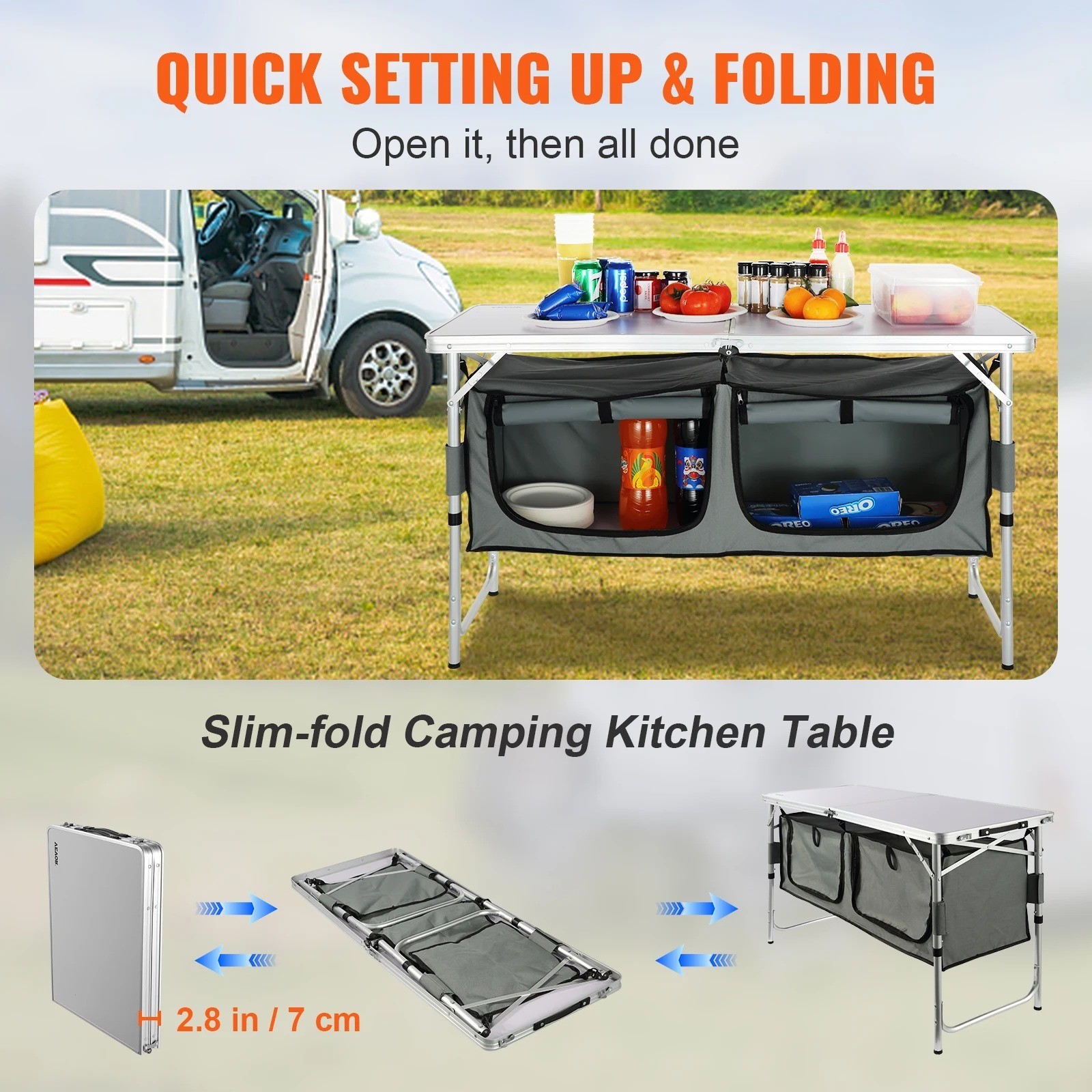 Camping Kitchen Table Adjustable MDF Cook Station Outdoor Portable Foldable