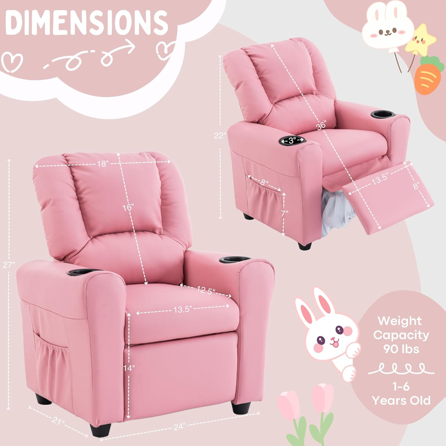 Candy Kids Reclining Chair Leather Recliner Sofa Push Back Toddler Youth Childre