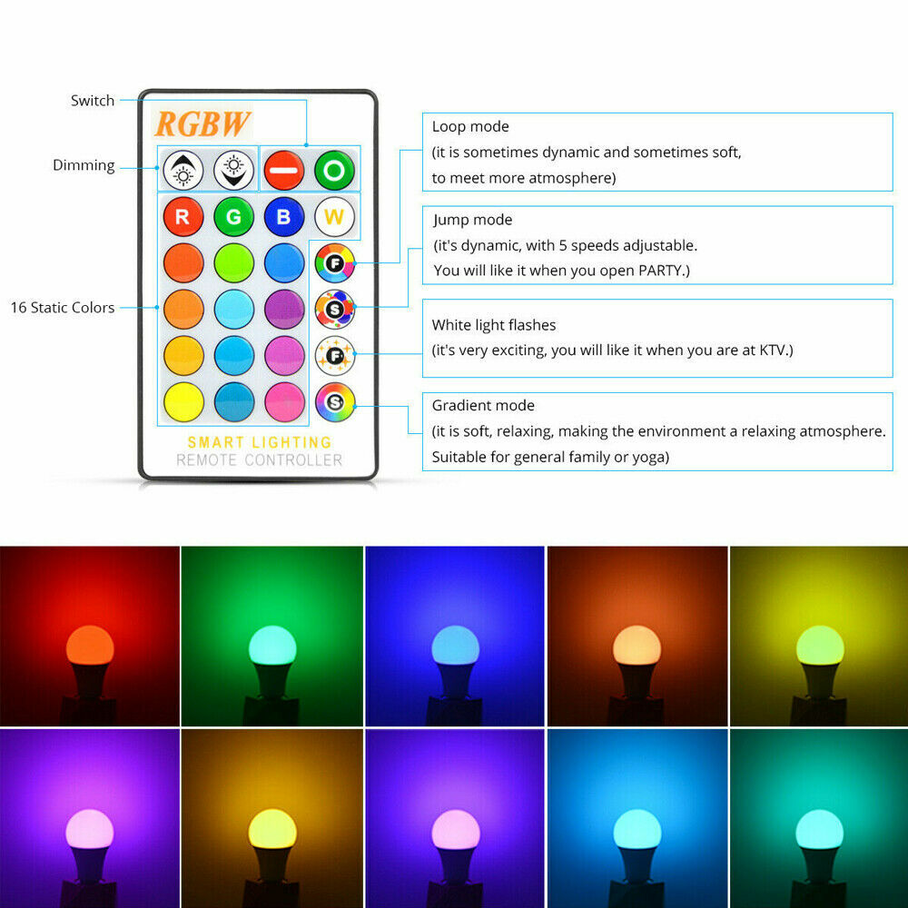 3W E26 E27 16 Color Changing Light Bulb w/ Remote Control Dimmable RGB LED Bulbs