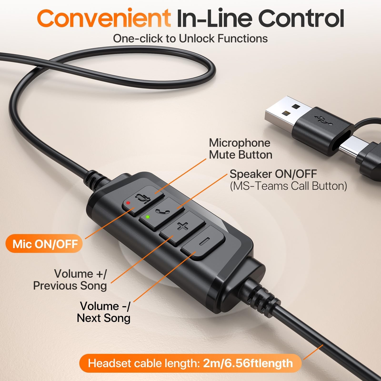 USB Headset with Mic Noise Cancelling USB-A USB-C Black