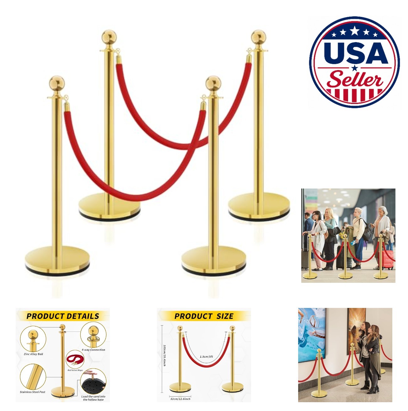 Crowd Control Barrier 5ft Red Rope Stanchion Post 4 Pack Fillable Base Theatre