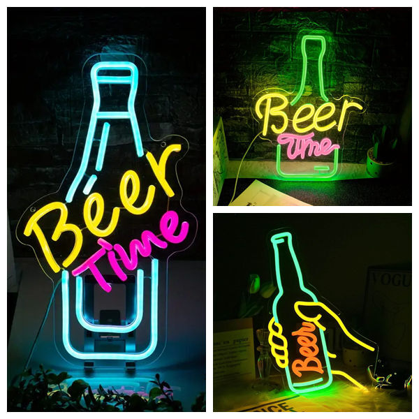Beer Time LED Neon Sign Adjustable Brightness Man Cave Home Bar Club USB 16x28cm