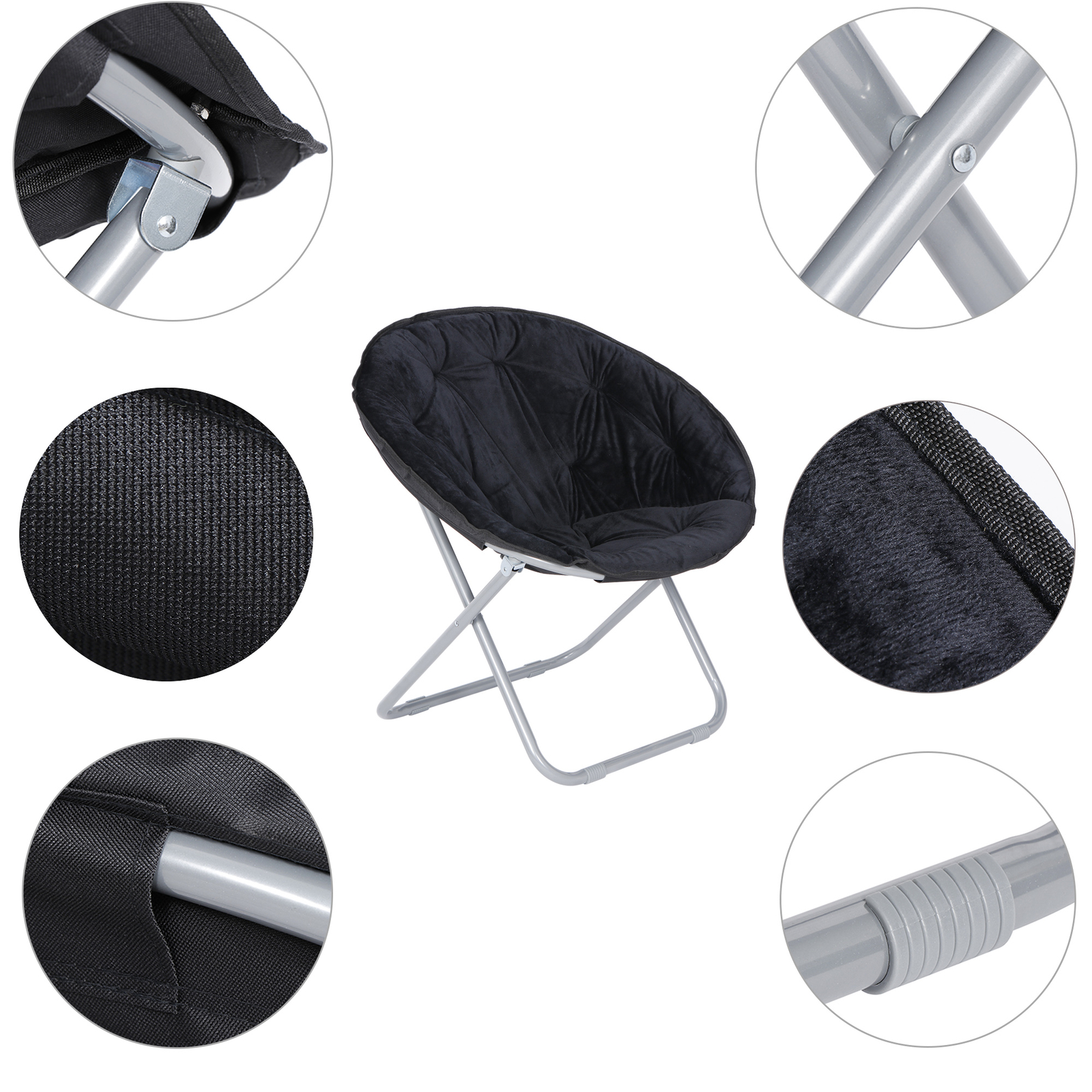 Saucer Chair for Adults Faux Fur Circle Chair Foldable Comfy Accent Seat Black