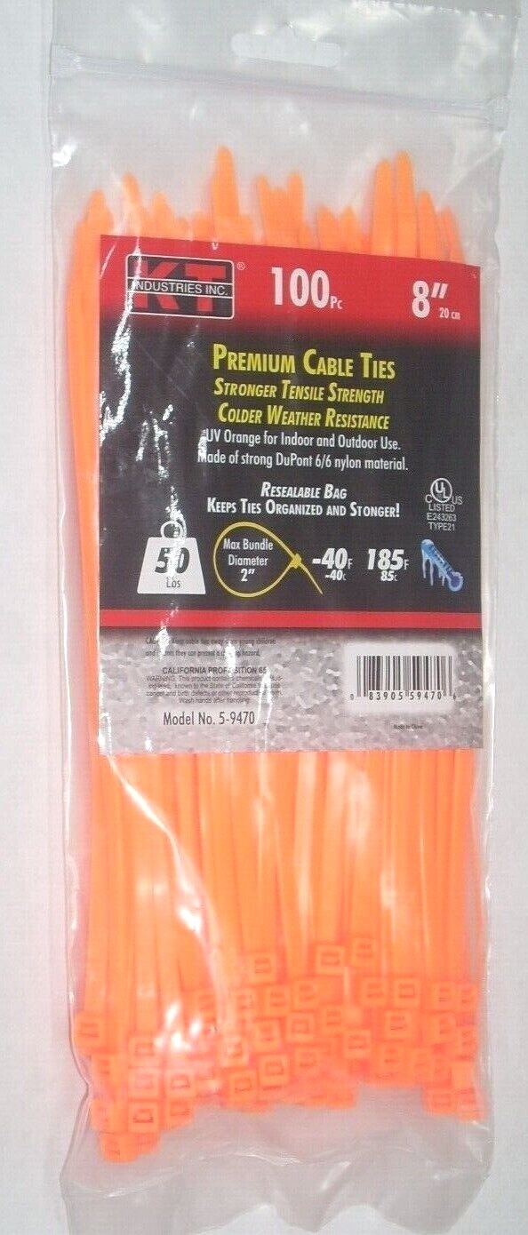 KT Industries 5-9470 Premium Orange Cable Ties 8" Long 50 lb Cap 100 pk