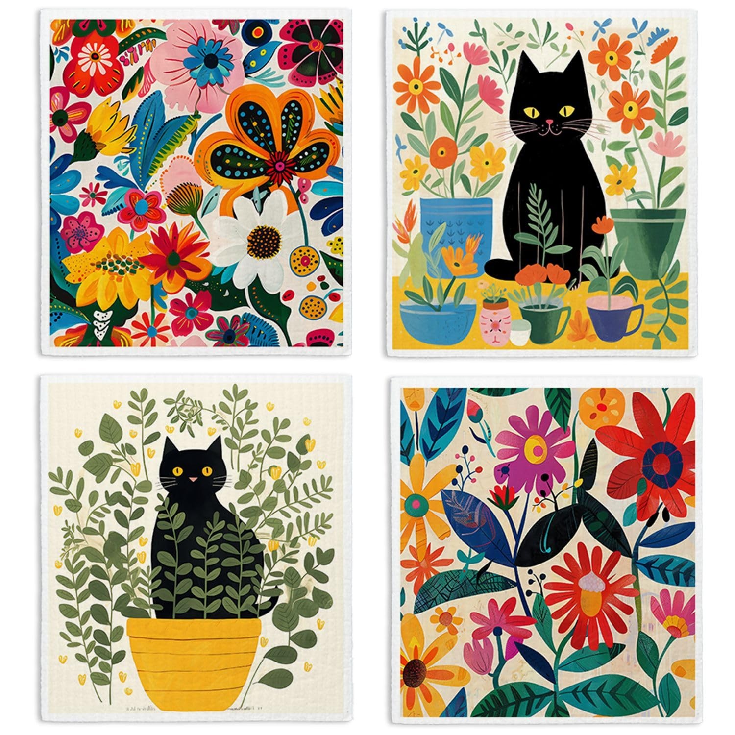Swedish Dishcloths Kitchen 4 Pack Reusable Paper Towels Papaya Cat Design