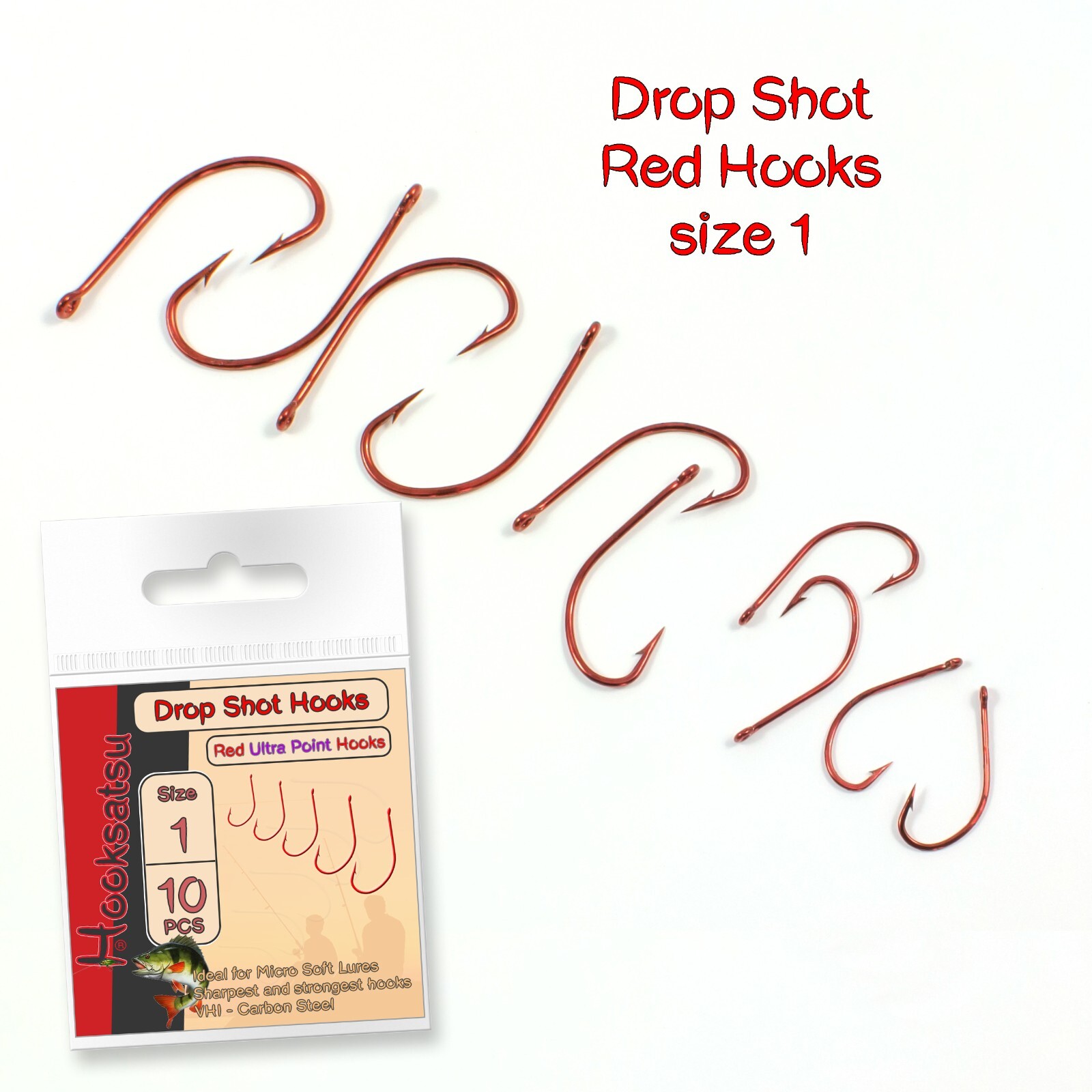 Drop Shot Hook size 1 Wide Gap Long Shank Red Soft Lures Pike Fishing Worm Bait