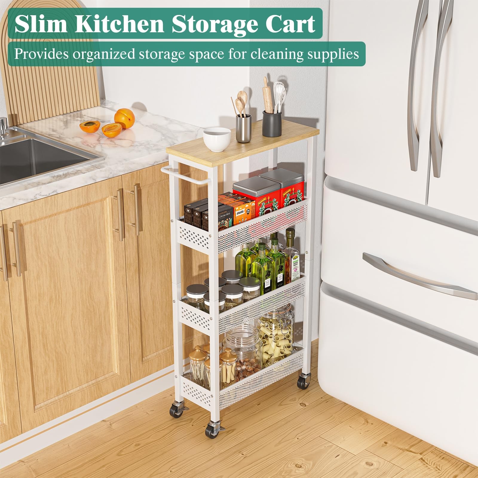 Slim Rolling Storage Cart 4 Tier Bathroom Organizer Mobile Shelving Unit Util...