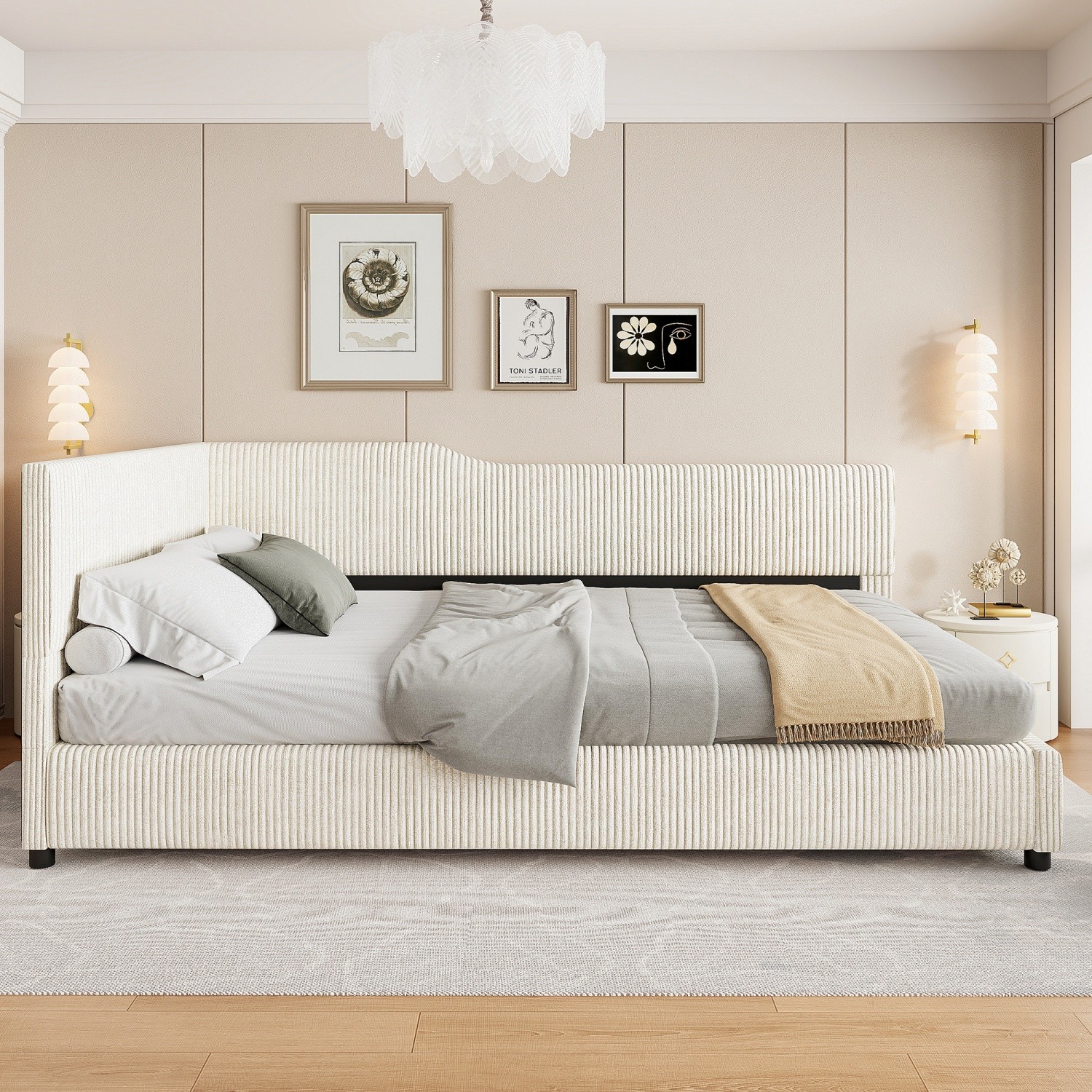 Full Size Corduroy Upholstered Daybed Modern L-Shaped Wood Bed Frame Beige/Gray