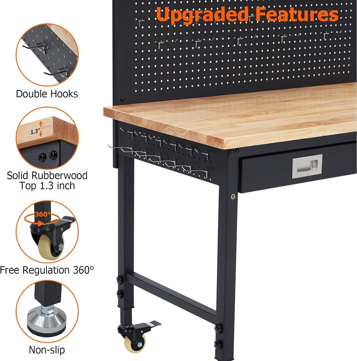 Workbench Adjustable Height 48" x 24" Worktable Heavy Duty Rubber Wood Top