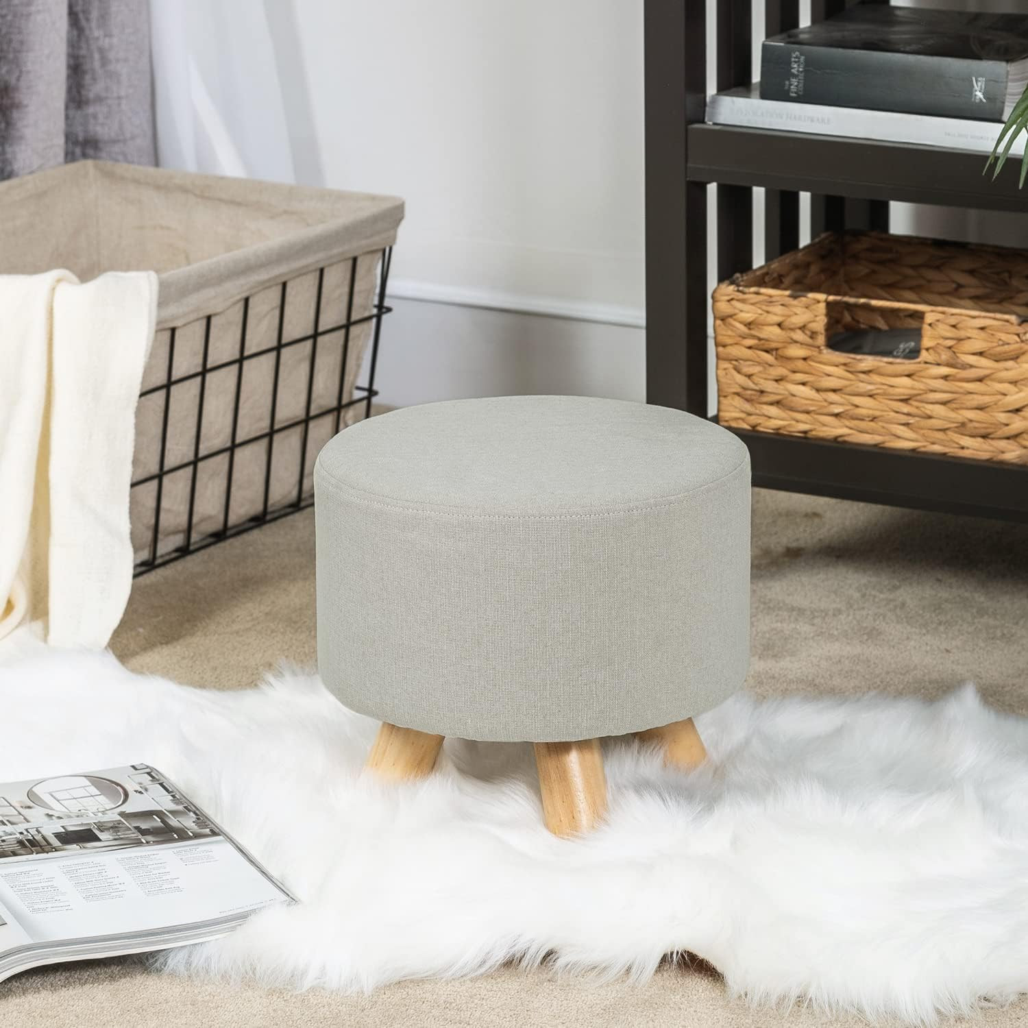 Small round Ottoman Foot Rest Stool Fabric Padded Seat Footstool Ottoman with Wo
