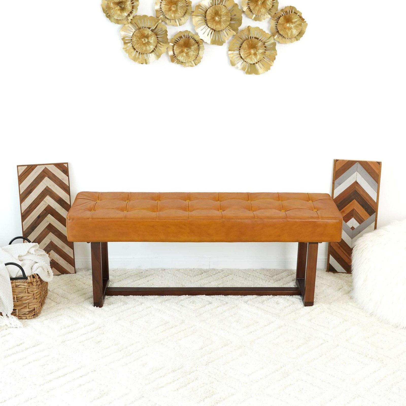 51 Inch Mid Century Modern Tan Leather Bench Solid Wood Frame 17.5 Inch Height