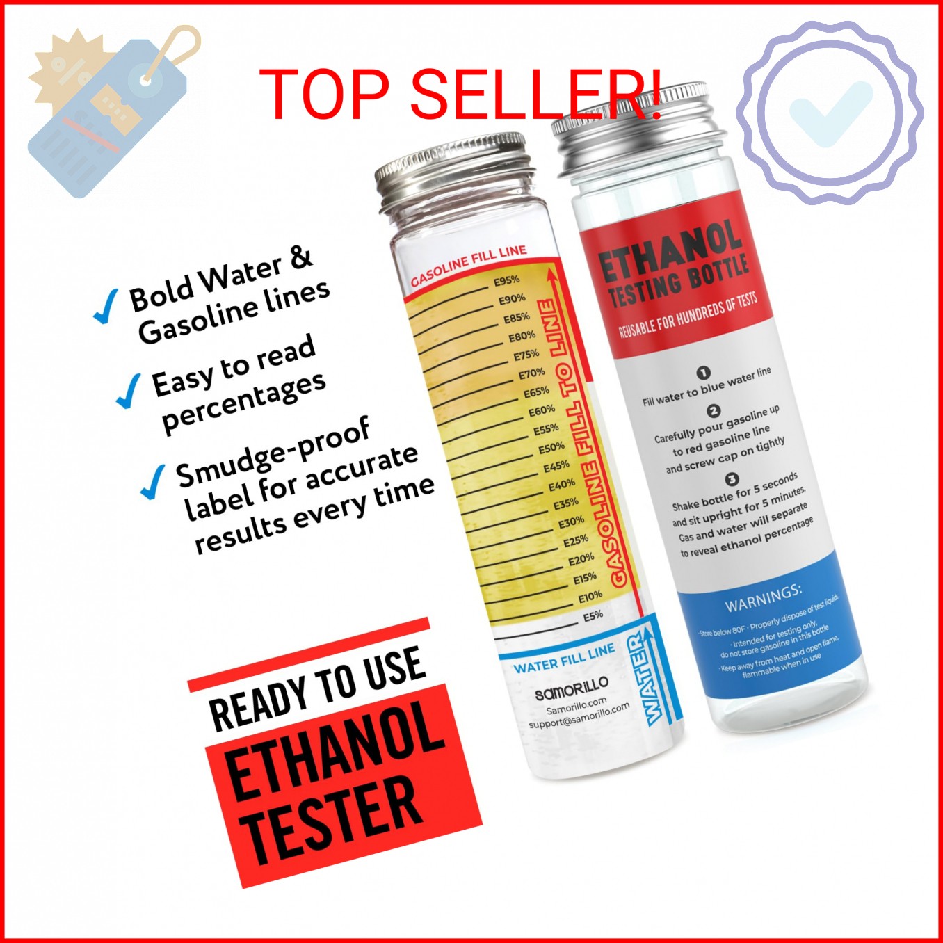 [2-Pack] Reusable Ethanol Testing Kit - Wide Mouth Fuel Test Bottle for E85 and