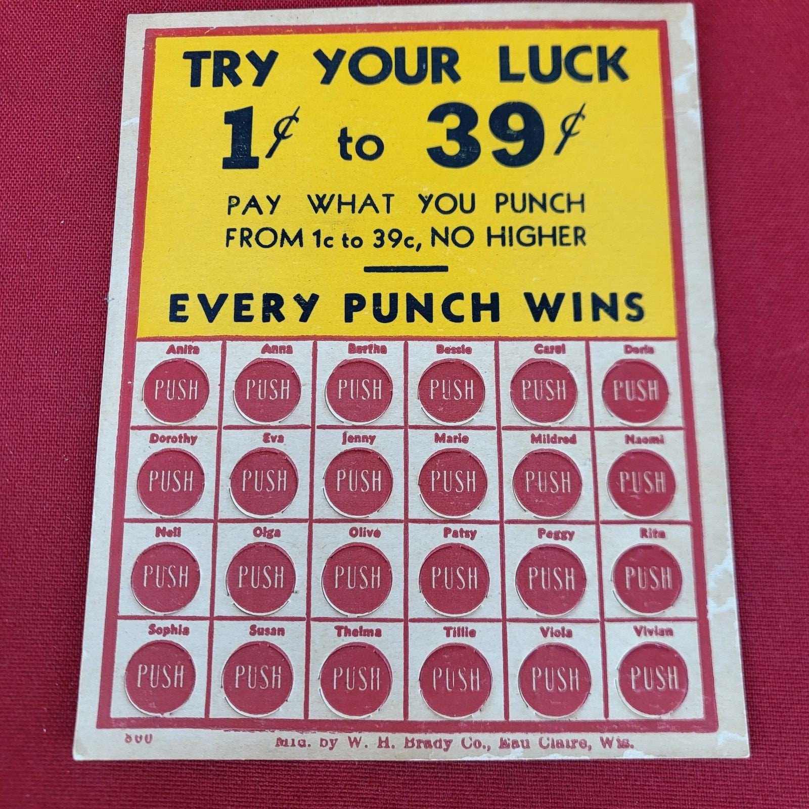 Vintage W. H. Brady TRY YOUR LUCK 1-39¢ Punch Card Game Gambling Party Decor