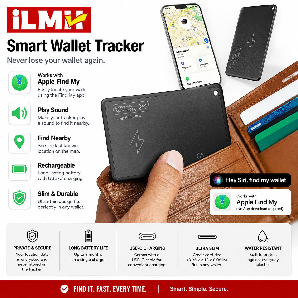 Ultra-Slim Wallet Tracker Card - Apple Find My GPS Locator - Wireless Charging