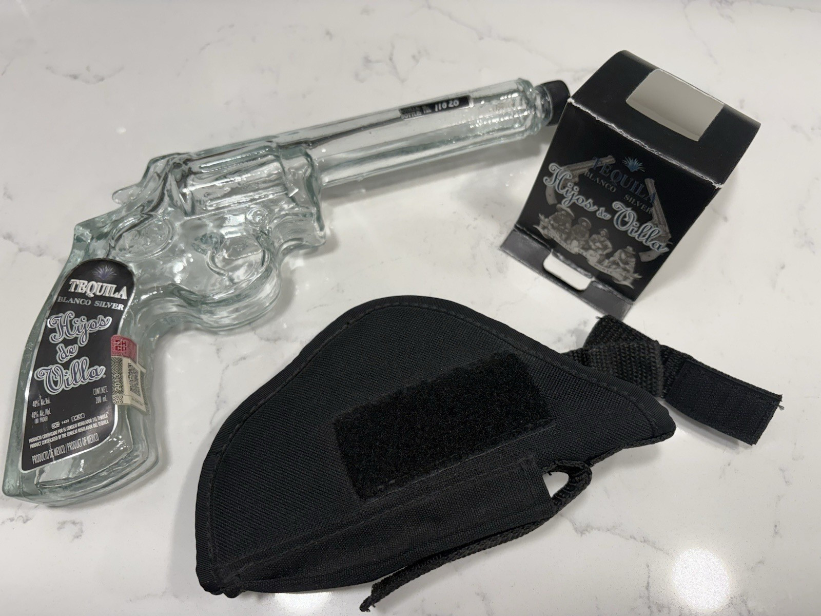 Hijos de Villa Blanco Silver Tequila Revolver Gun Shaped Bottle Empty w/ Holster