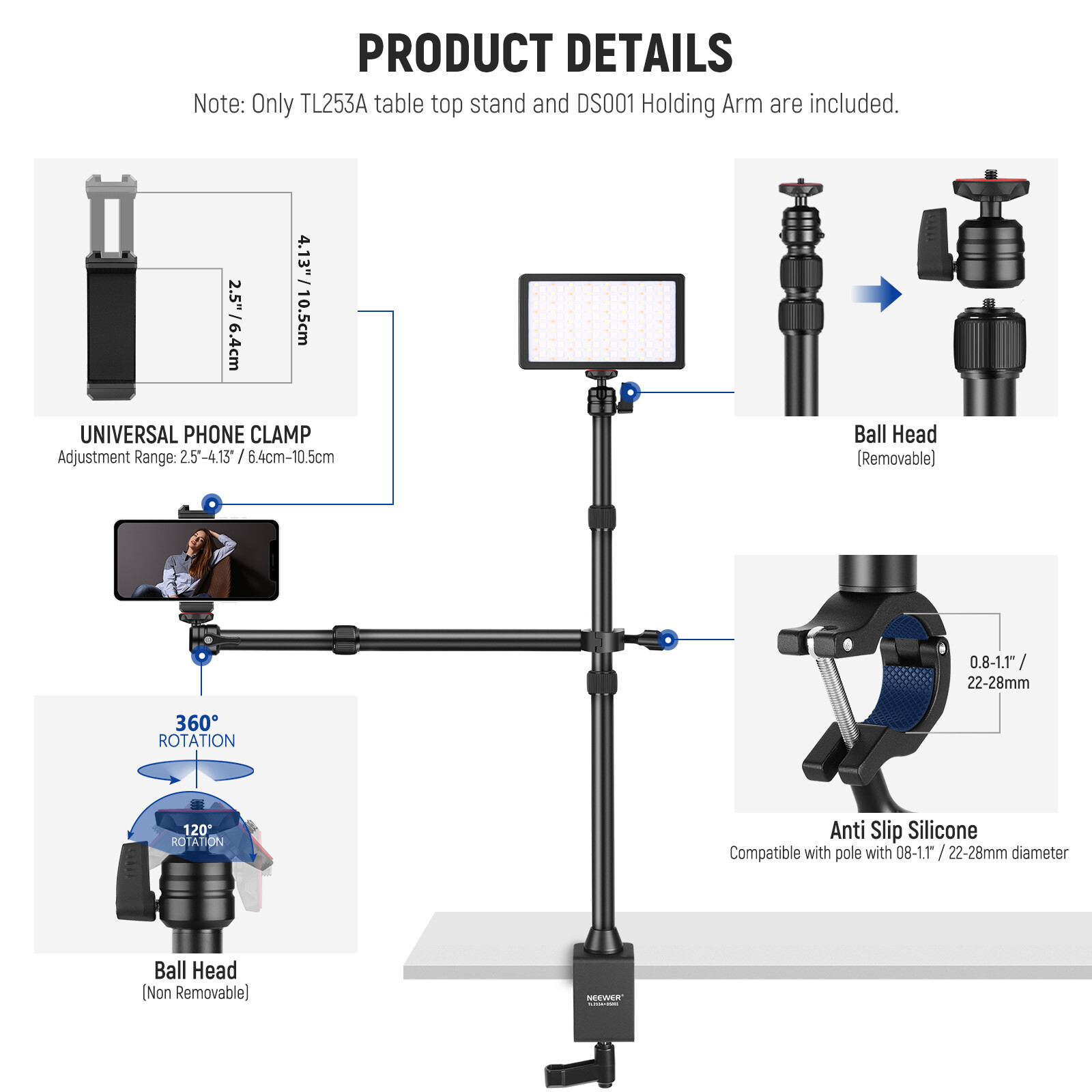 NEEWER Tabletop Overhead Camera Mount Stand&2 Section Telescopic Extension Arm