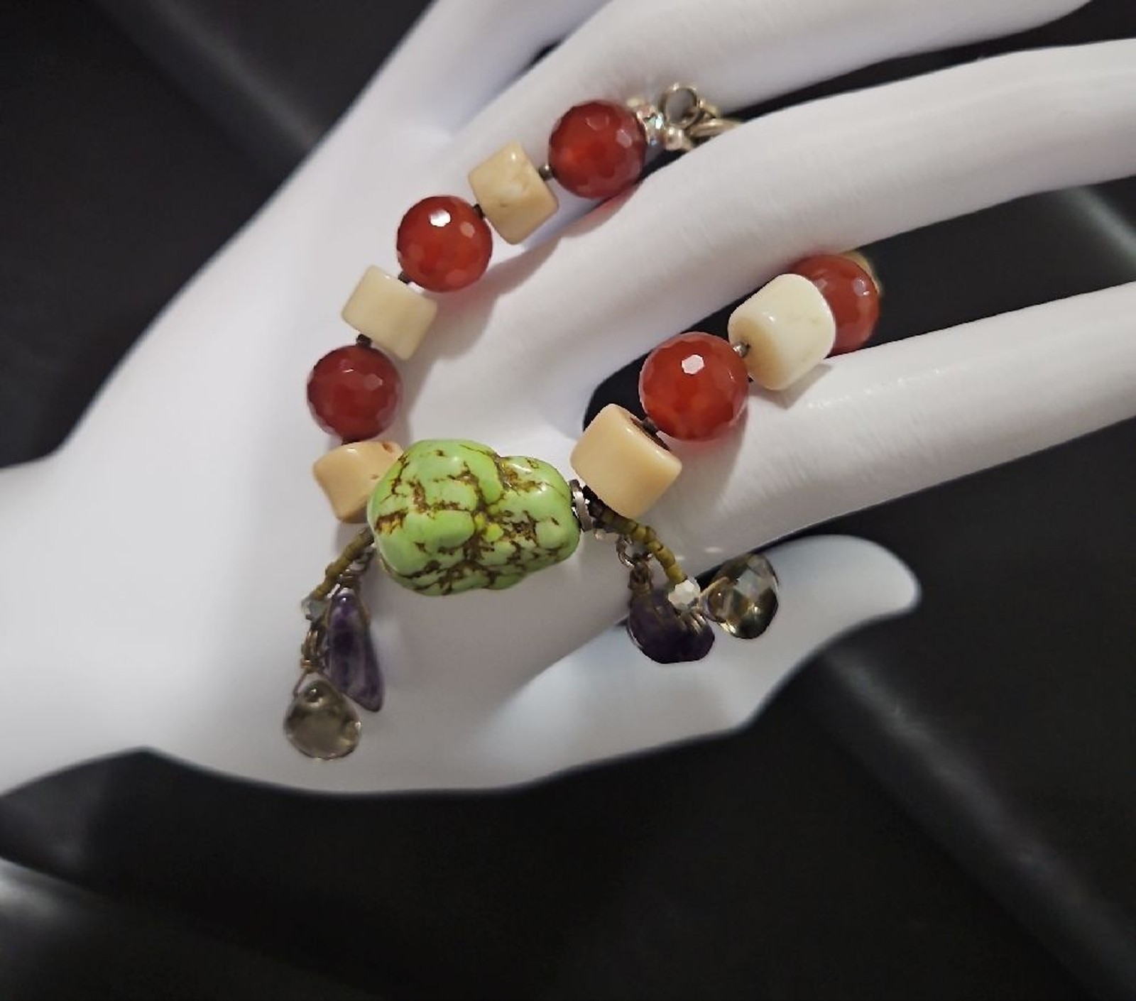 Green Turquoise Amethyst And Crystal Multicolor Beaded Bracelet