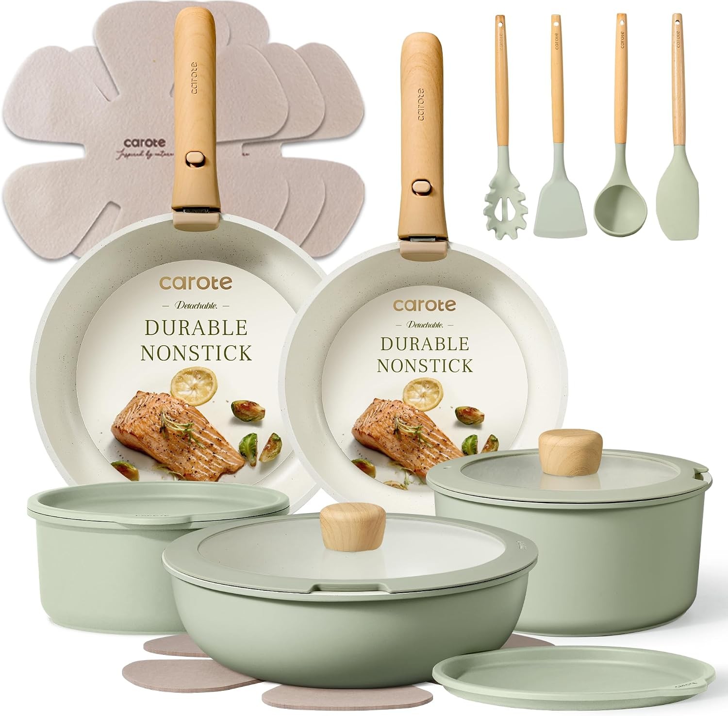 CAROTE 19pc Nonstick Cookware, Detach Handle, Induction/Oven Safe, Sage