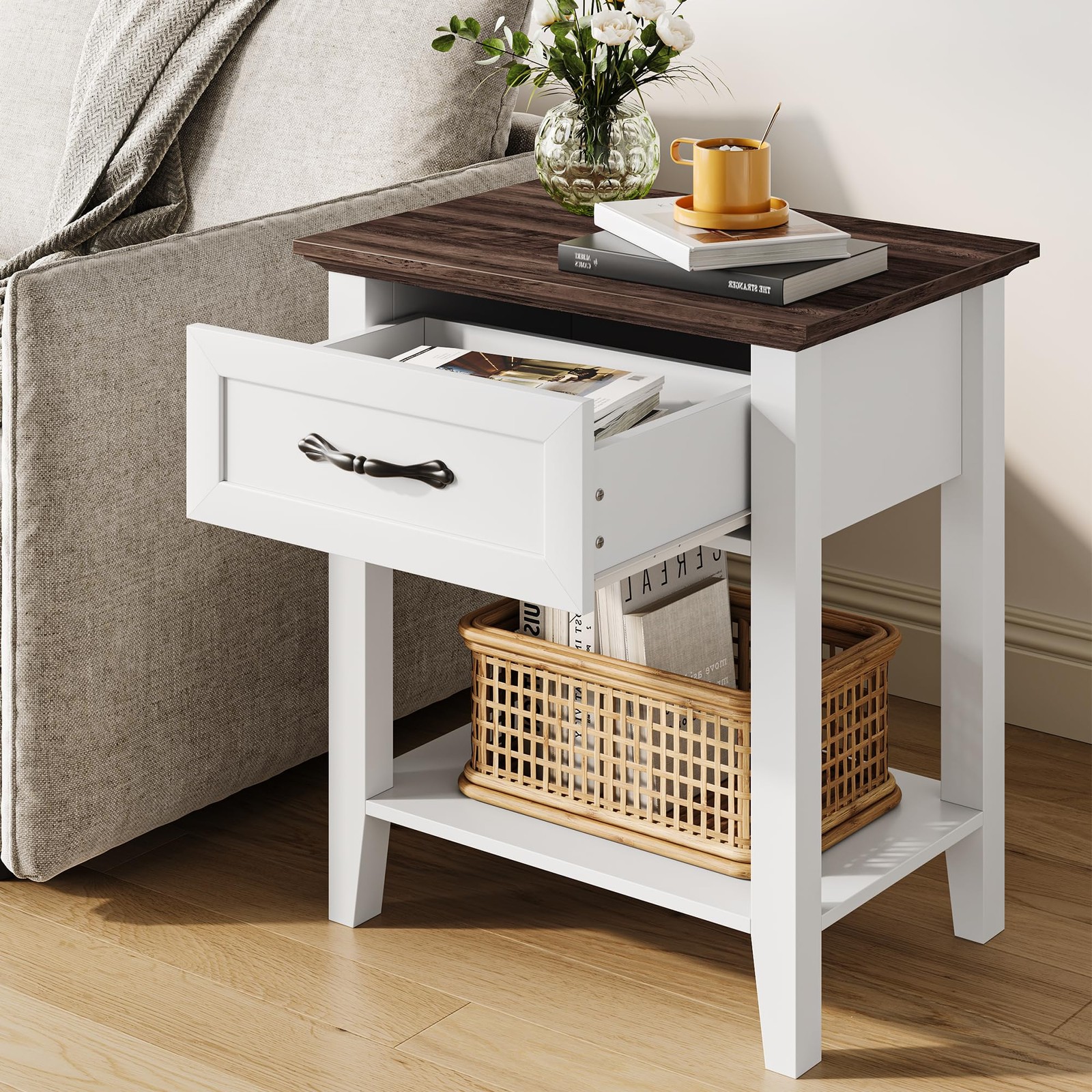 Nightstands Set of 2, End Table with Drawer, Side Table for Spaces, White
