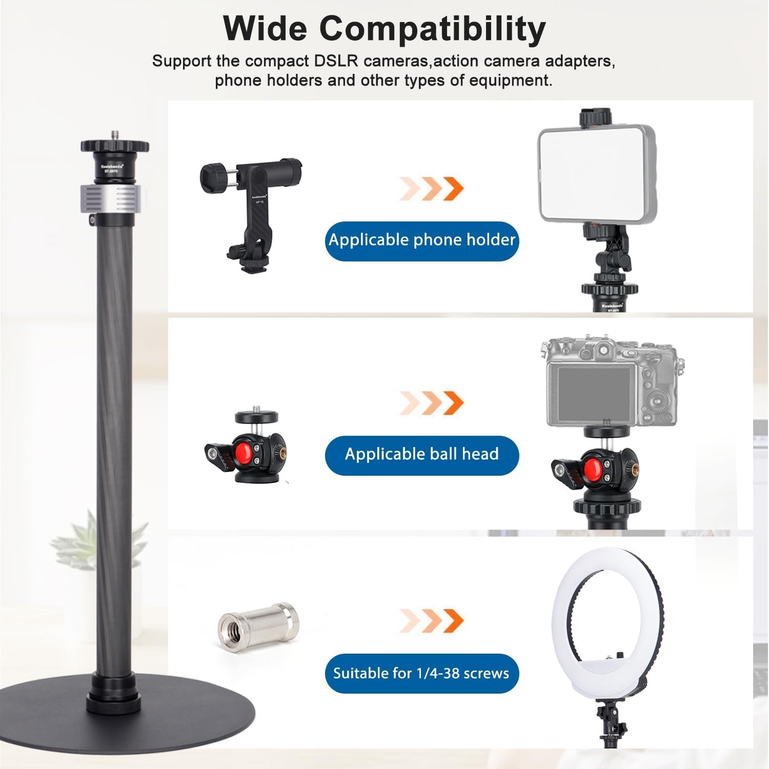 Koolehaoda Tripod Stand Extendable Monopod Carbon Fiber Pole with Round Base