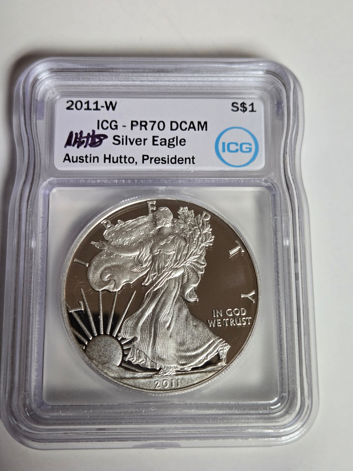 2011-W Silver American Eagle ICG PR70 Austin Hutto Autographed President Label