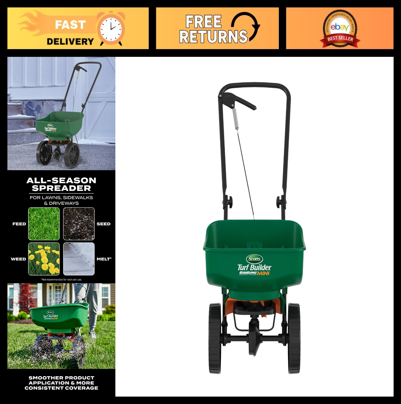 Broadcast Spreader for Grass Seed, Fertilizer & Salt - Covers 5,000 sq. ft.