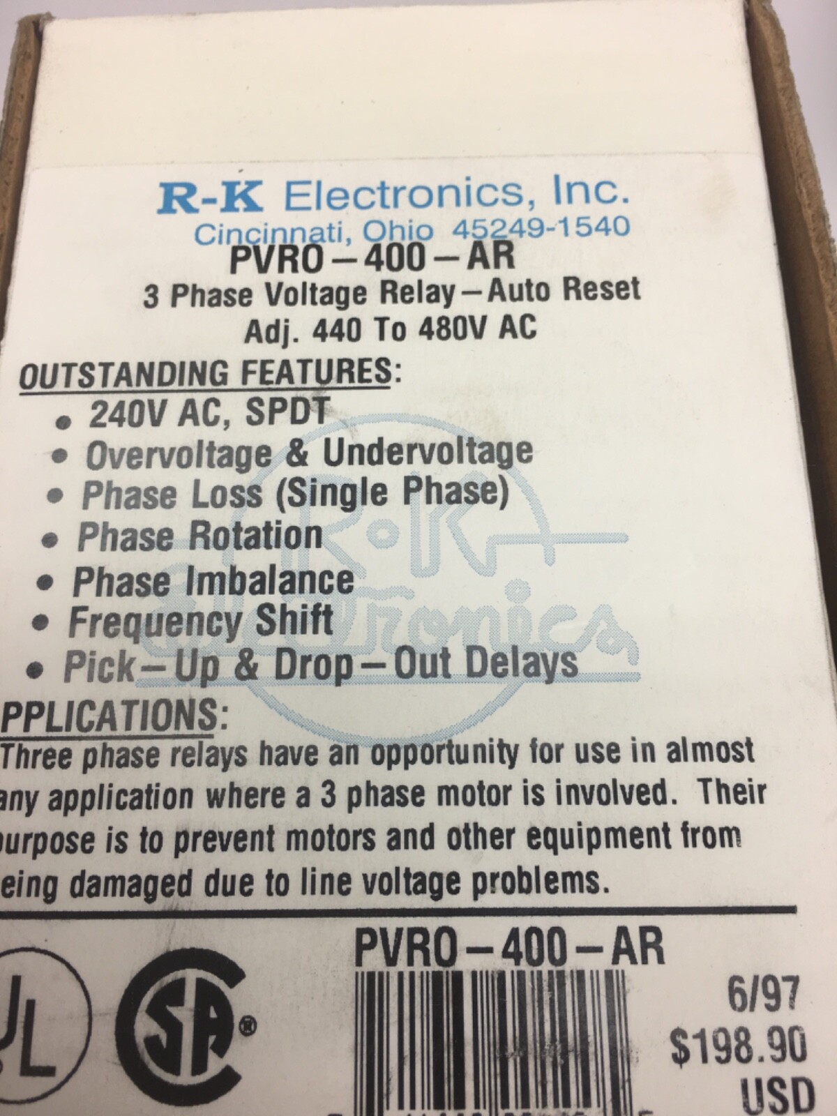 RK Electronics PVR0-400-AR, (Bin#3)