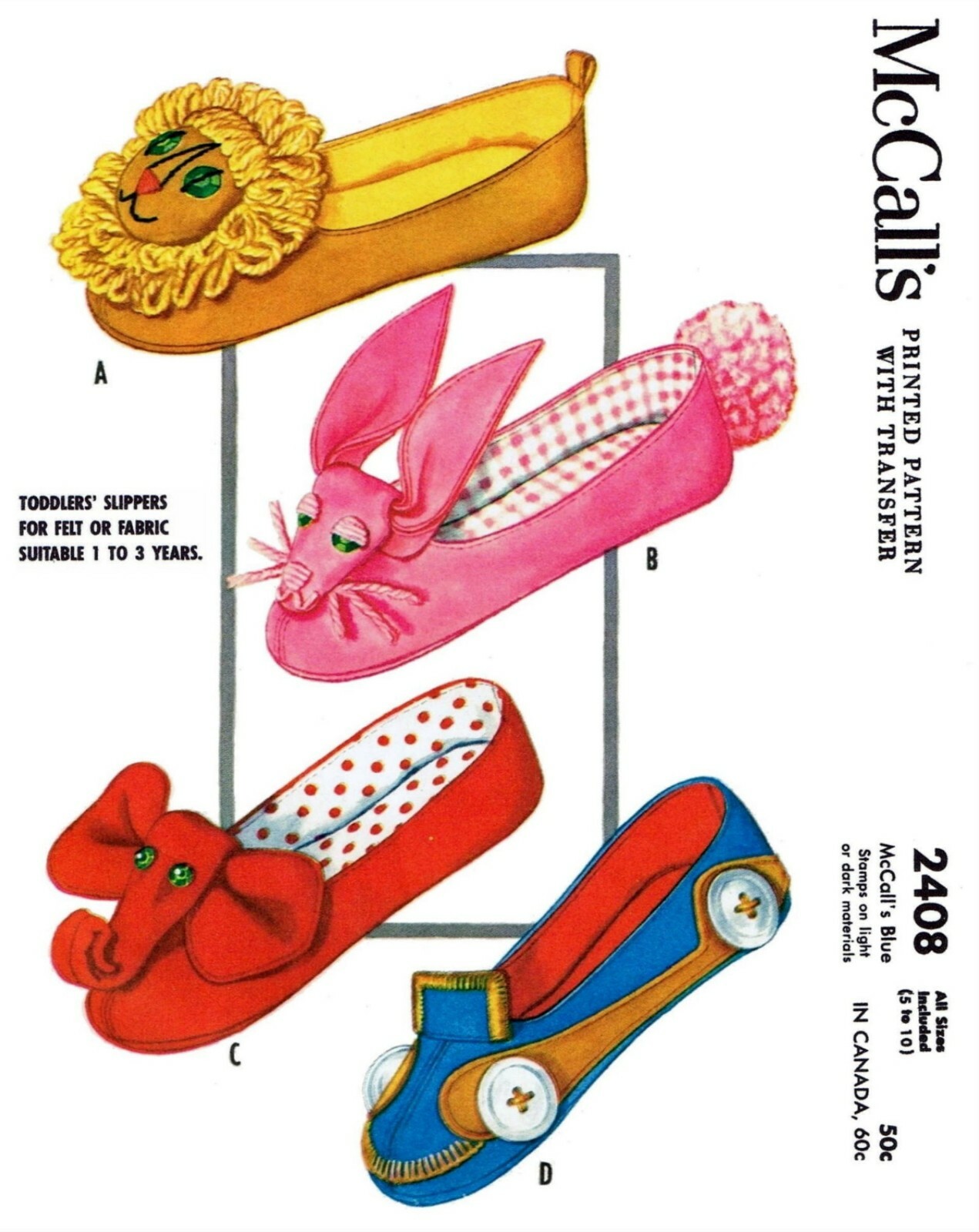 FELT Fabric Slippers Pattern McCall's 2408 SHOES 5-10 Unisex Novelty