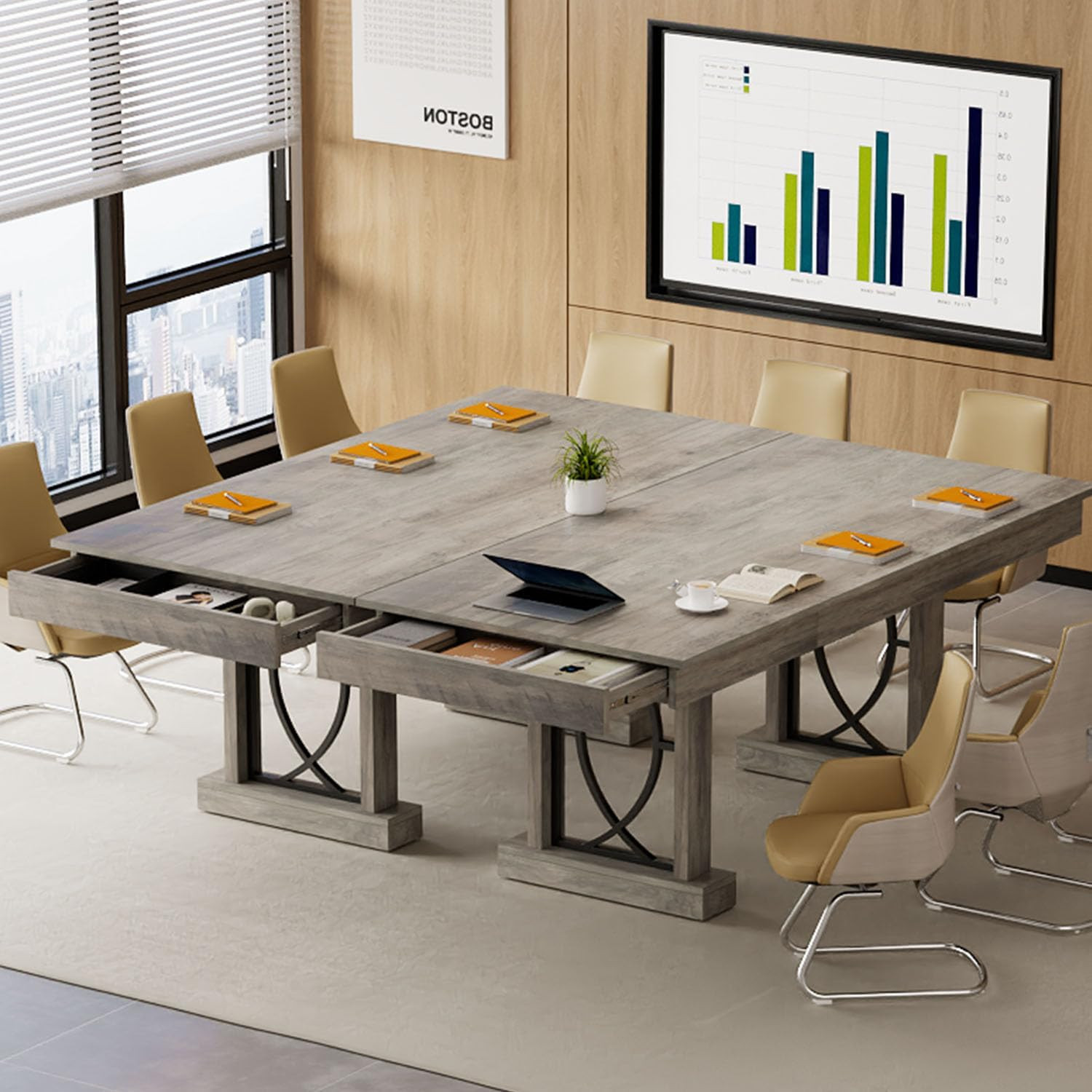 Rustic Gray Wooden Dining Table for 6-8 with 2 Large Drawers, 71" Long