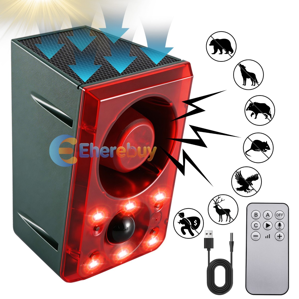 Solar Sound & Light Animal Alarm Dog Barking & Gunshot 130db Motion Det Outdoor