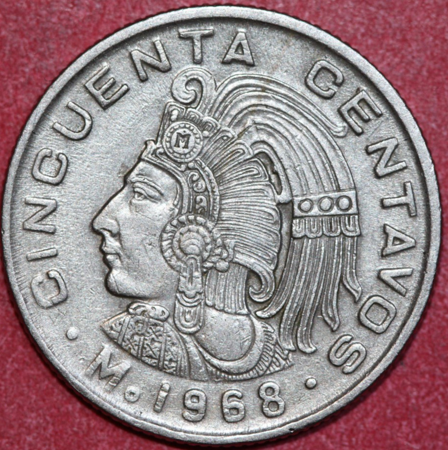 Mexico 1968 50 centavos, Aztec King Cuauhtemoc of Tenochtitlan-Foreign Coin 25mm