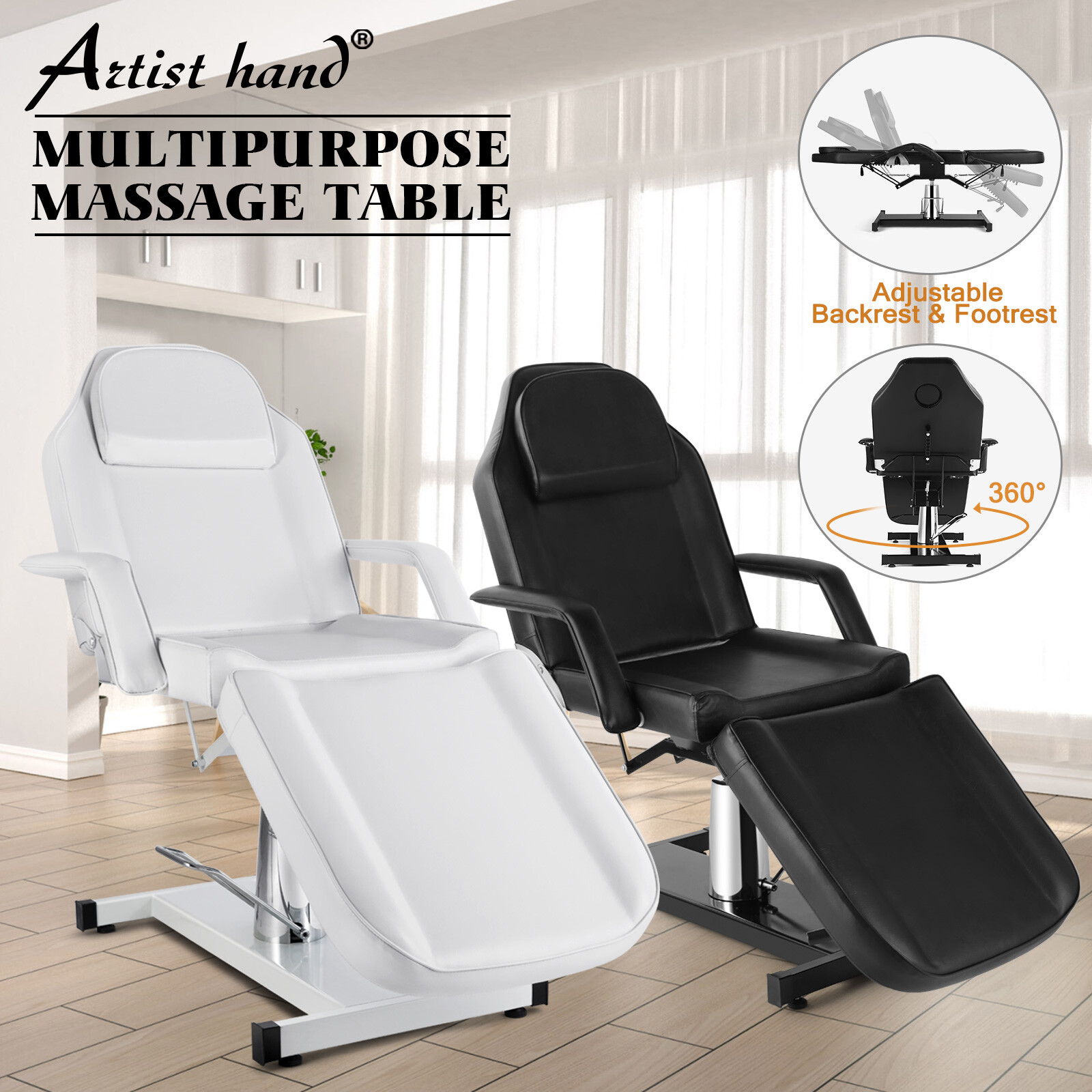 White/Black 360°Reclining Hydraulic Massage Table Tattoo Facial Bed Beauty Salon