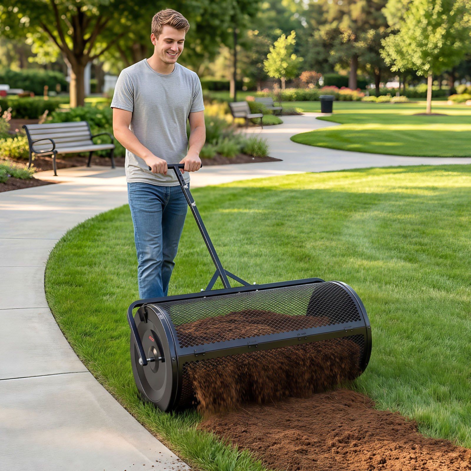 Peat Moss Spreader 36in, Steel Drum 4.1cu ft, Diamond Mesh, Push or Tow, Black