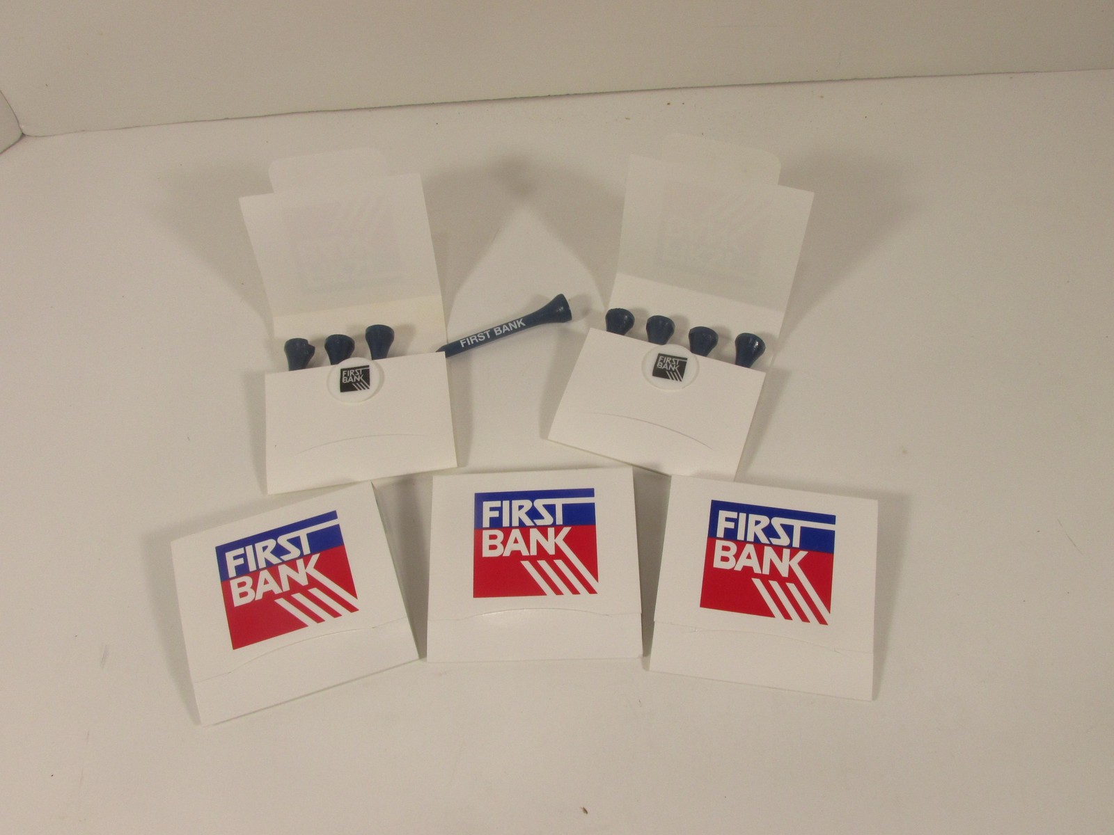 First Bank Golf Tees Matchbook Packs Lot Of 5 Blue Wooden Promo Set Advertising