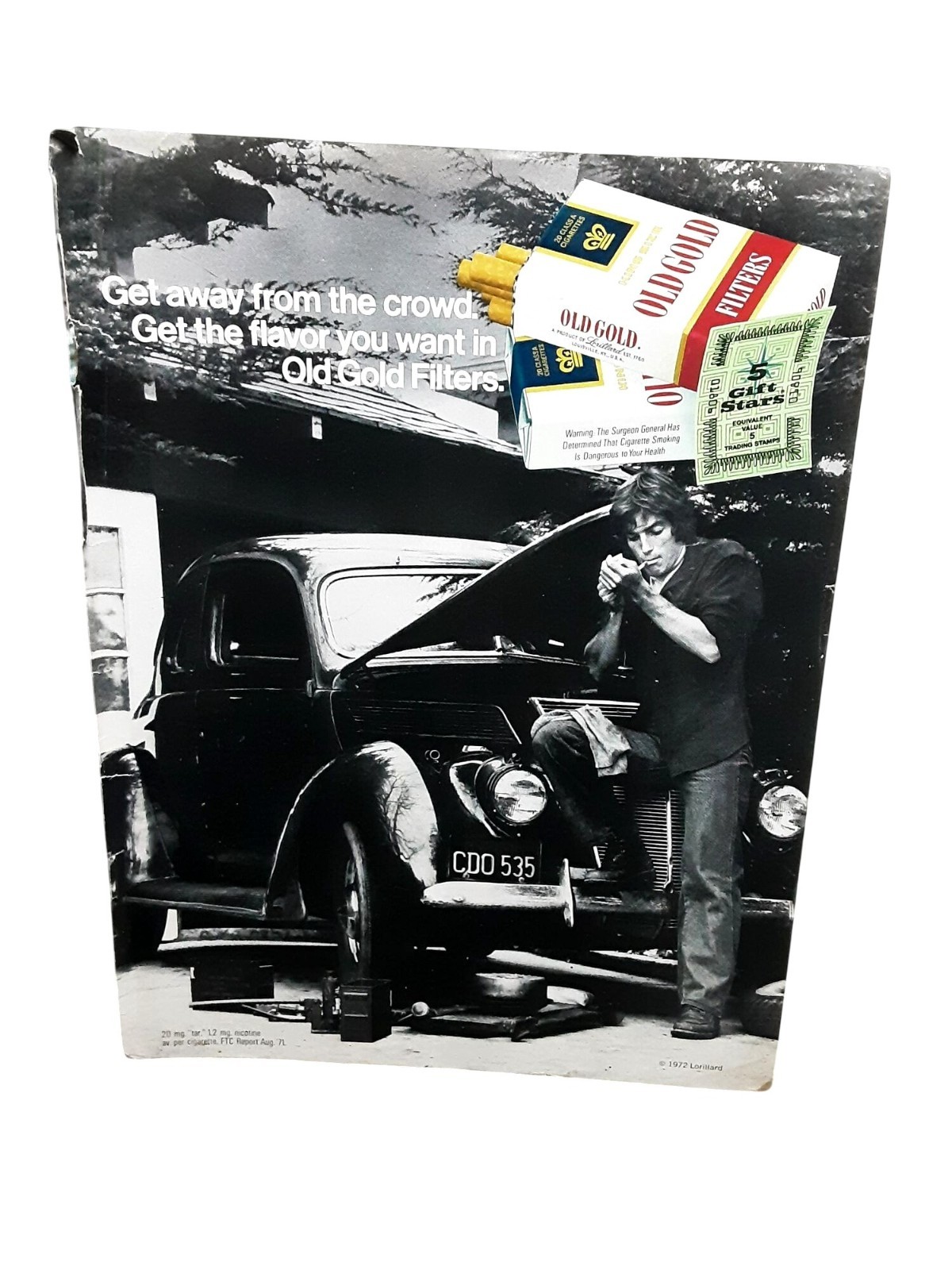 1972 Old Gold Filters Cigarette Vintage Print Ad Classic Car Garage Scene