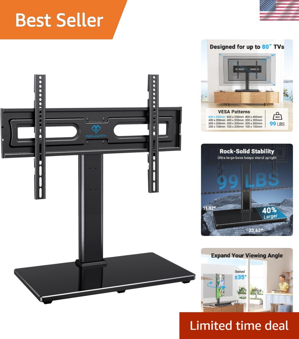 Swivel Universal TV Stand for 32-80 Inch TVs - Adjustable Height, Tempered Glass