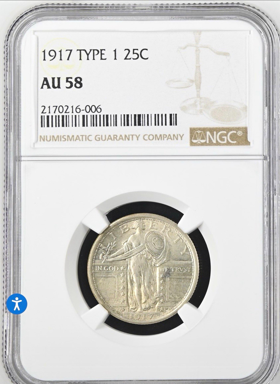 1917 Type 1 Standing Liberty Quarter 25C Silver NGC AU58