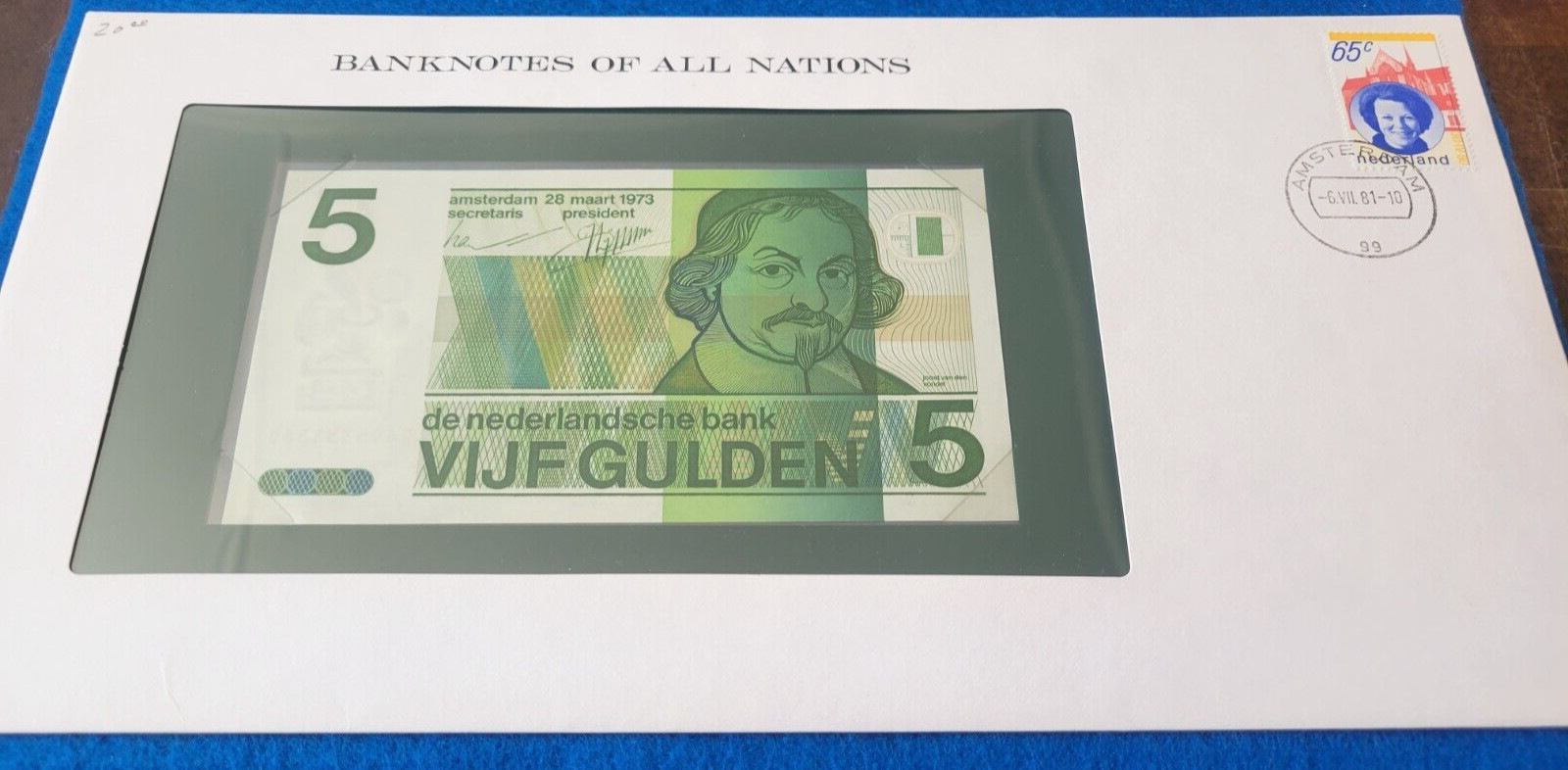 Banknotes of all Nations Netherlands 5 Gulden 1973 UNC.