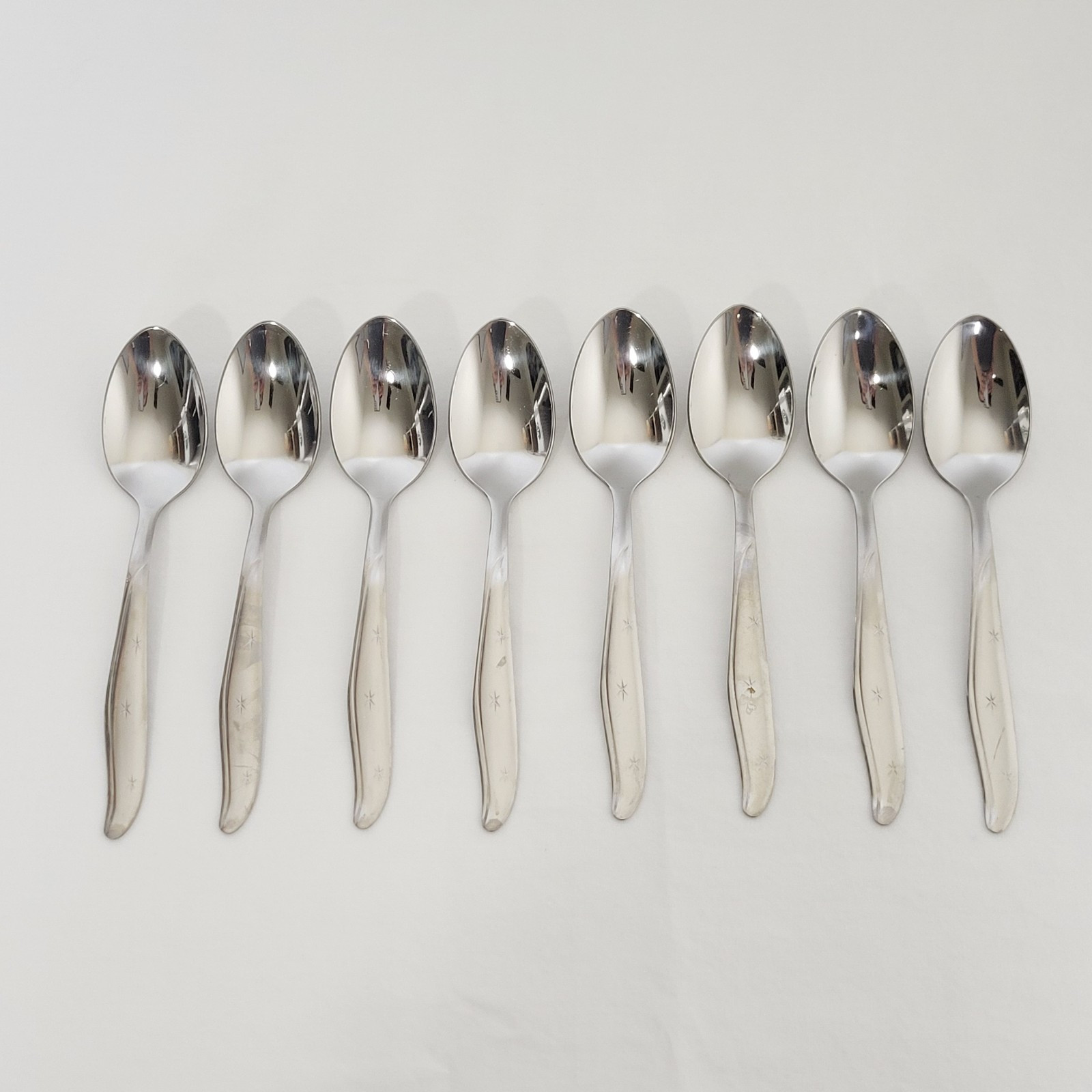 Set of 8 Utica 3 Starburst Stainless Glossy 6" Teaspoons Flatware