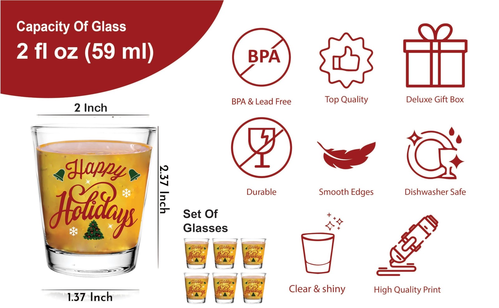 christmas Shot Glass Gift Set -Happy Holidays- Glasses Drinkware or Votive Ca...