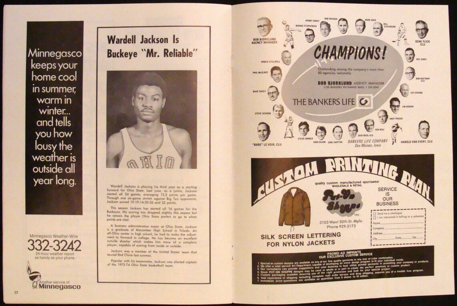 FEB 4, 1974 MINNESOTA GOPHERS V. OHIO STATE BASKETBALL PROGRAM - GEORGE SCHAUER