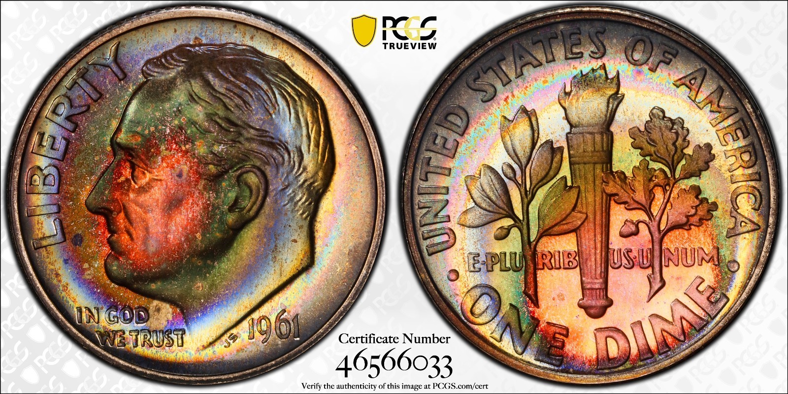 PR67 1961 10C Roosevelt Silver Proof Dime, PCGS- Vivid Rainbow Toned PLEASE READ
