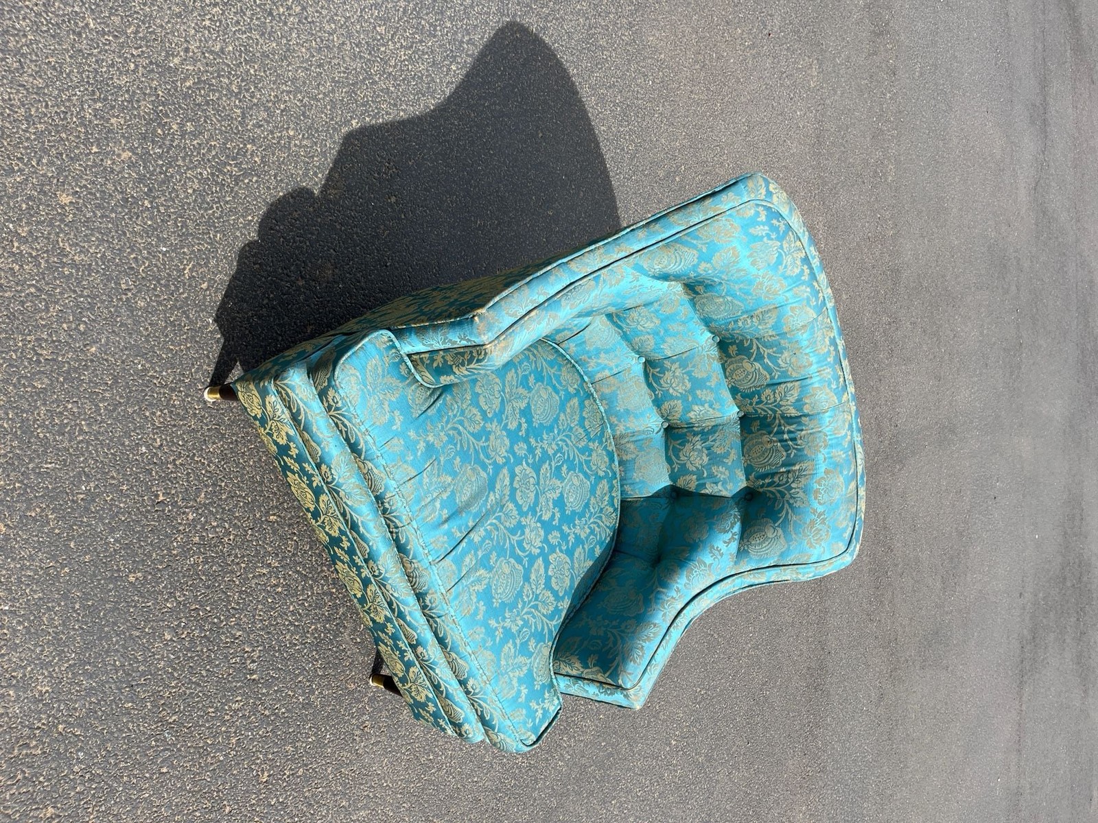 Vintage Mid-Century Modern Tufted Wingback Armchair in Teal and Gold Floral Dama